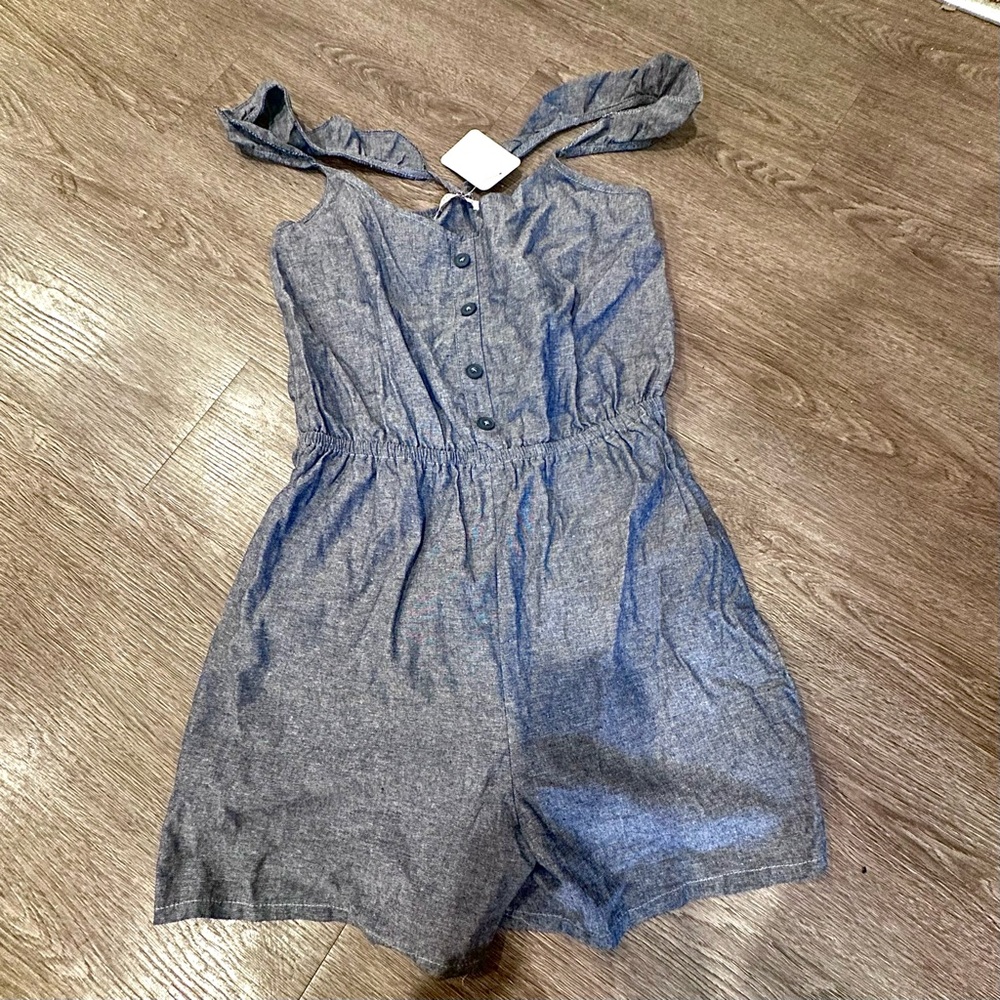 Love @ First Sight Chambray Button Front Romper Tie Strap Size L